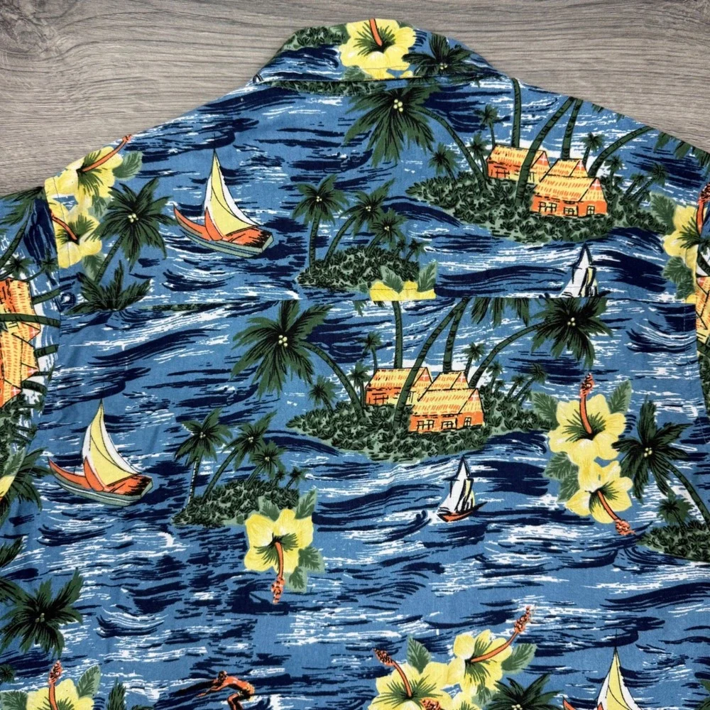Vintage Cherokee Hawaiian Shirt Ocean Palm Trees Hibiscus Cotton‎ Boys L 10/12
